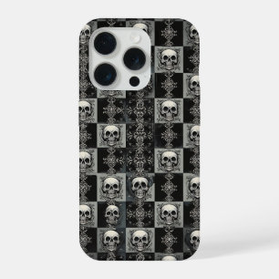 Coque iPhone 15 Pro Étui de téléphone à crâne gothique et damier damas