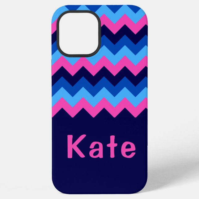Coque iPhone Étui de téléphone à monogramme chevron rose bleu C (Verso)