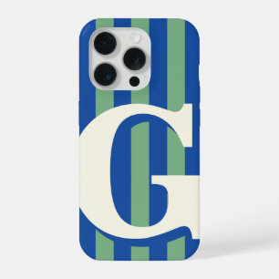 Coque iPhone 15 Pro Étui de téléphone à monogramme gras, rayure bleue