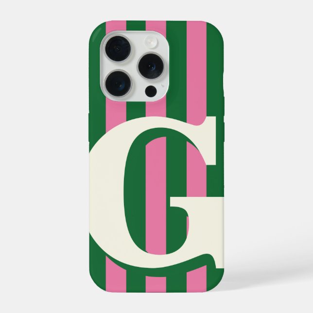Coque iPhone Étui de téléphone à monogramme gras, rayure verte  (Verso)