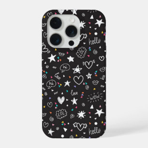 Coque iPhone 15 Pro Étui de téléphone à motif gribouillé noir mignon a