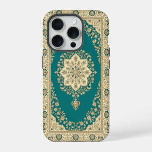Coque iPhone 15 Pro Étui de téléphone à tapis persan turquoise Médaill