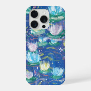 Coque iPhone 15 Pro Étui de téléphone avec peinture de nénuphars bleus
