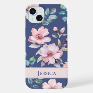 Coque iPhone 15 Plus Étui de téléphone bleu avec fleurs roses féminines