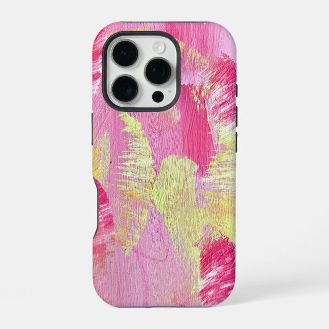Coque iPhone Étui de téléphone en art abstrait rose et jaune (Verso)