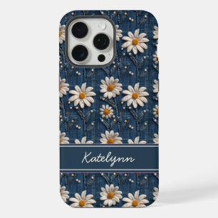 Coque iPhone 15 Pro Max Étui de téléphone en denim à broderie de marguerit