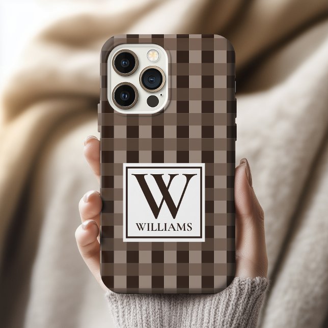 Coque iPhone Étui de téléphone en vichy marron avec nom personn (Custom Family Name Brown Gingham Check Phone Case for Women, Men, Dad, Mom, Friends, or Coworkers
)