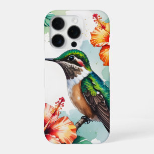 Coque iPhone 16 Pro Étui de téléphone floral à motif colibri et hibisc