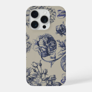 Coque iPhone 15 Pro Étui de téléphone floral botanique en toile bleue