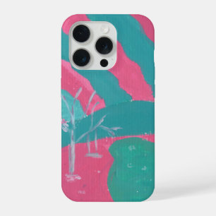 Coque iPhone 15 Pro Étui de téléphone paysage rose et vert minimaliste
