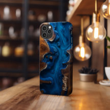 Étui de téléphone, résine bleu royal, motif bois m