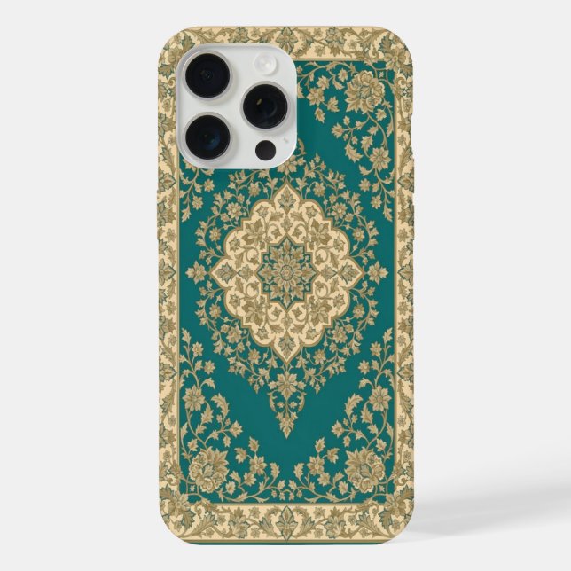 Coque iPhone Étui de téléphone tapis persan turquoise à médaill (Verso)