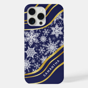 Coque iPhone 15 Pro Max Étui de téléphone thème Noël Navy Blue Gold Monogr