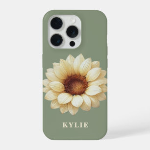 Coque iPhone 15 Pro Étui de téléphone vert sauge avec nom de tournesol