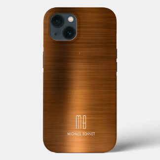 Etui iPhone 13 Étui en métal brossé marron cuivré à monogramme