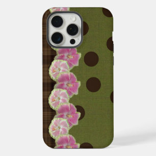 Coque iPhone 15 Pro Max Étui Fleur Rayure Rose Rétro Tache Olive