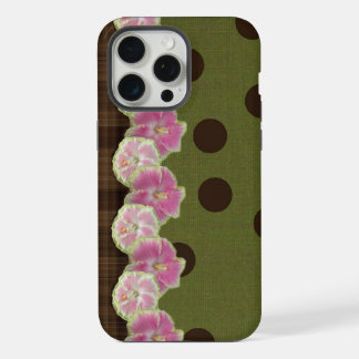 Coque iPhone 15 Pro Max Étui Fleur Rayure Rose Rétro Tache Olive