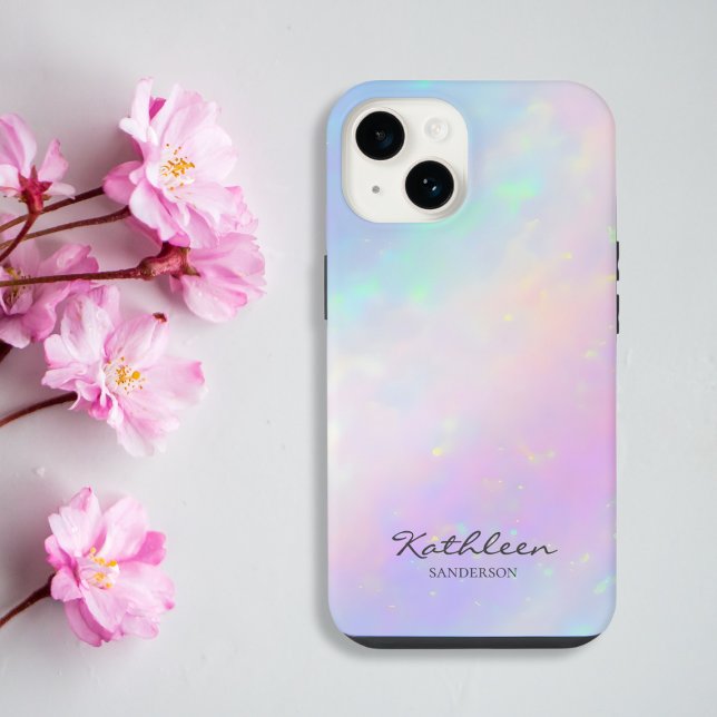 Coque iPhone Étui iPhone 13 Pro Monogramme Rose Chic Féminin (Chic girly iridescent blush pink phone case for iPhone and Samsung customizable with name in script)