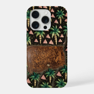 Coque iPhone 15 Pro Étui iPhone 15 motif portefeuille en cuir et palmi