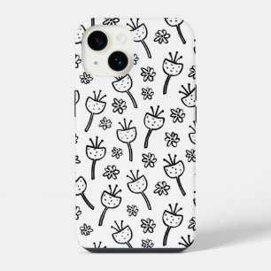 Coque Pour iPhone 14 Étui iPhone à fleurs gribouillées noir et blanc