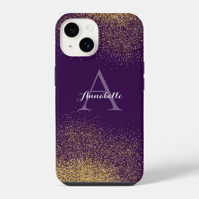 Coque iPhone Étui iPhone à monogramme violet et paillettes doré (Verso)