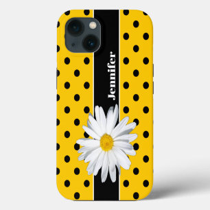 Etui iPhone 13 Étui iPhone à pois jaune et noir, fleur de marguer
