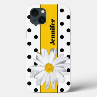 Etui iPhone 13 Étui iPhone à pois noir et blanc, Marguerite