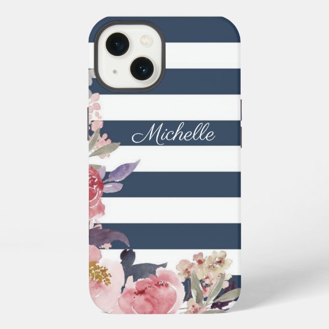 Coque iPhone Étui iPhone à rayures bleues et blanches monogramm (Verso)