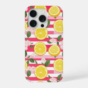 Coque iPhone 15 Pro Étui iPhone à rayures roses et motif citron d'été