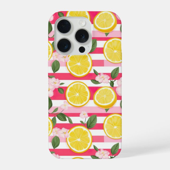 Coque iPhone Étui iPhone à rayures roses et motif citron d'été (Verso)