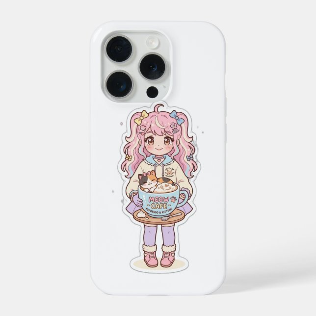 Coque iPhone Étui iPhone Chibi Fille Anime Café Kawaii Neko (Verso)
