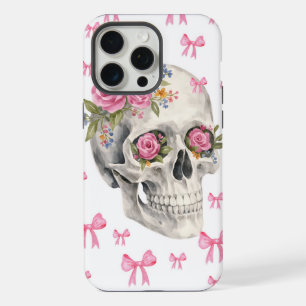 Coque iPhone 15 Pro Max Étui iPhone Crâne Floral Coquette Rubans Roses