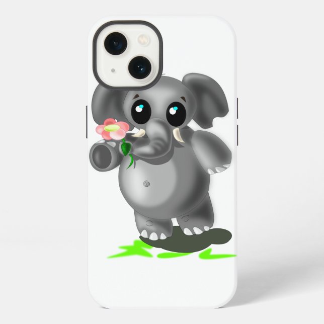 Coque iPhone Étui iPhone Éléphant Mignon avec Fleur (Verso)