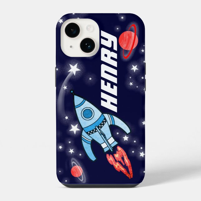 Coque iPhone Étui iphone fusée spatiale navy nom 5 lettres (Verso)