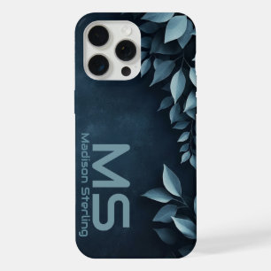 Coque iPhone 15 Pro Max Étui iPhone Monogramme Feuilles Botaniques Navy Fo