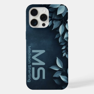 Coque iPhone 15 Pro Max Étui iPhone Monogramme Feuilles Botaniques Navy Fo
