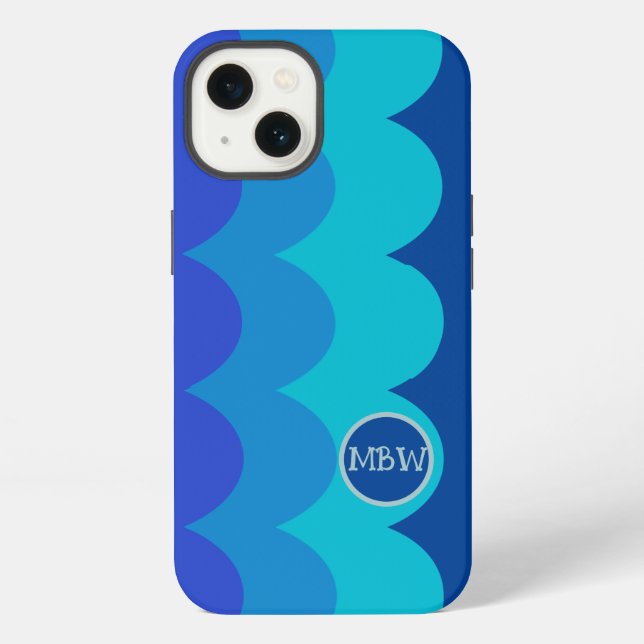 Coque iPhone Étui iPhone Monogramme Vagues Bleues (Verso)