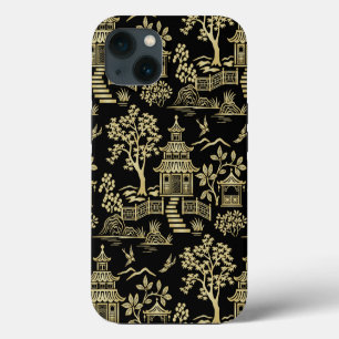 Etui iPhone 13 Étui iPhone Pagode en Chinoiserie Noir et Or