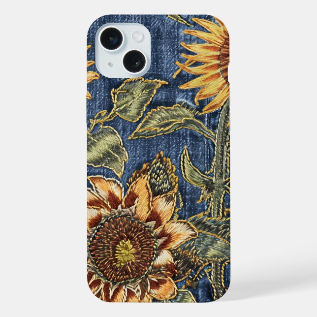 Coque iPhone Étui iPhone Rustique Moderne Tournesol et Denim (Verso)