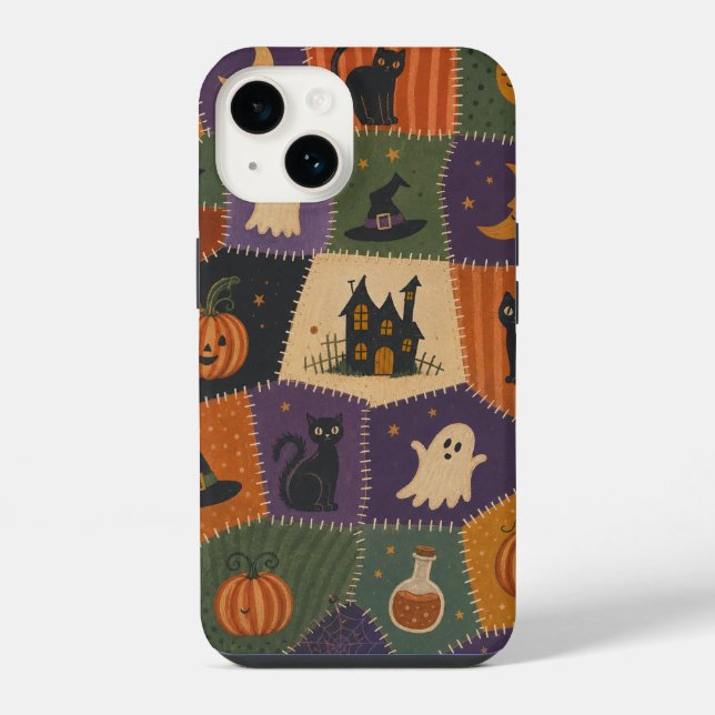 Coque iPhone Étui Maison Hantée Chat Fantôme Patchwork Hallowee (Verso)