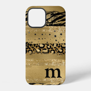 Coque iPhone 12 Étui monogramme écriture paillettes or moderne