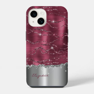 Coque Pour iPhone 14 Étui Monogramme Faux Paillettes Argent Bourgogne M