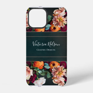 Coque iPhone 12 Étui noir rustique floral élégant avec nom en mono