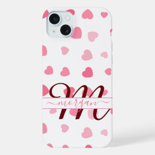 Coque iPhone 15 Plus Étui personnalisé avec monogramme cœur rose élégan