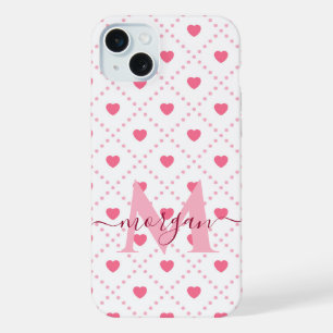 Coque iPhone 15 Plus Étui personnalisé avec monogramme et cœur rose mig