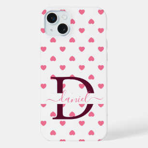 Coque iPhone 15 Plus Étui personnalisé cœur rose monogramme fille migno