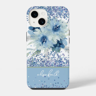 Coque Pour iPhone 14 Étui Personnalisé Fleurs Paillettes Bleu Personnal