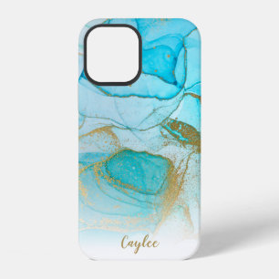 Coque iPhone 12 Étui Personnalisé Marbre Or Bleu Paillettes