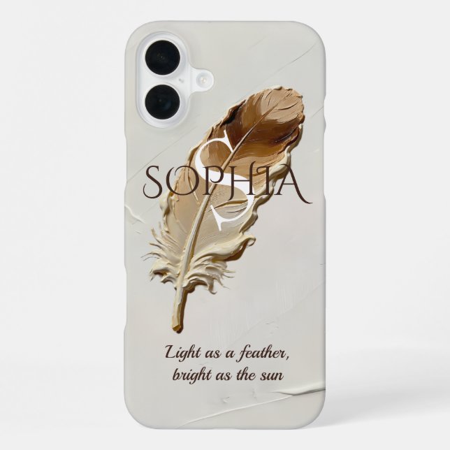 Coque iPhone Étui personnalisé marron chaud à plume et monogram (Verso)