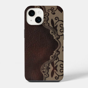 Coque Pour iPhone 14 étui pour iphone5 en cuir marron chocolat damassé